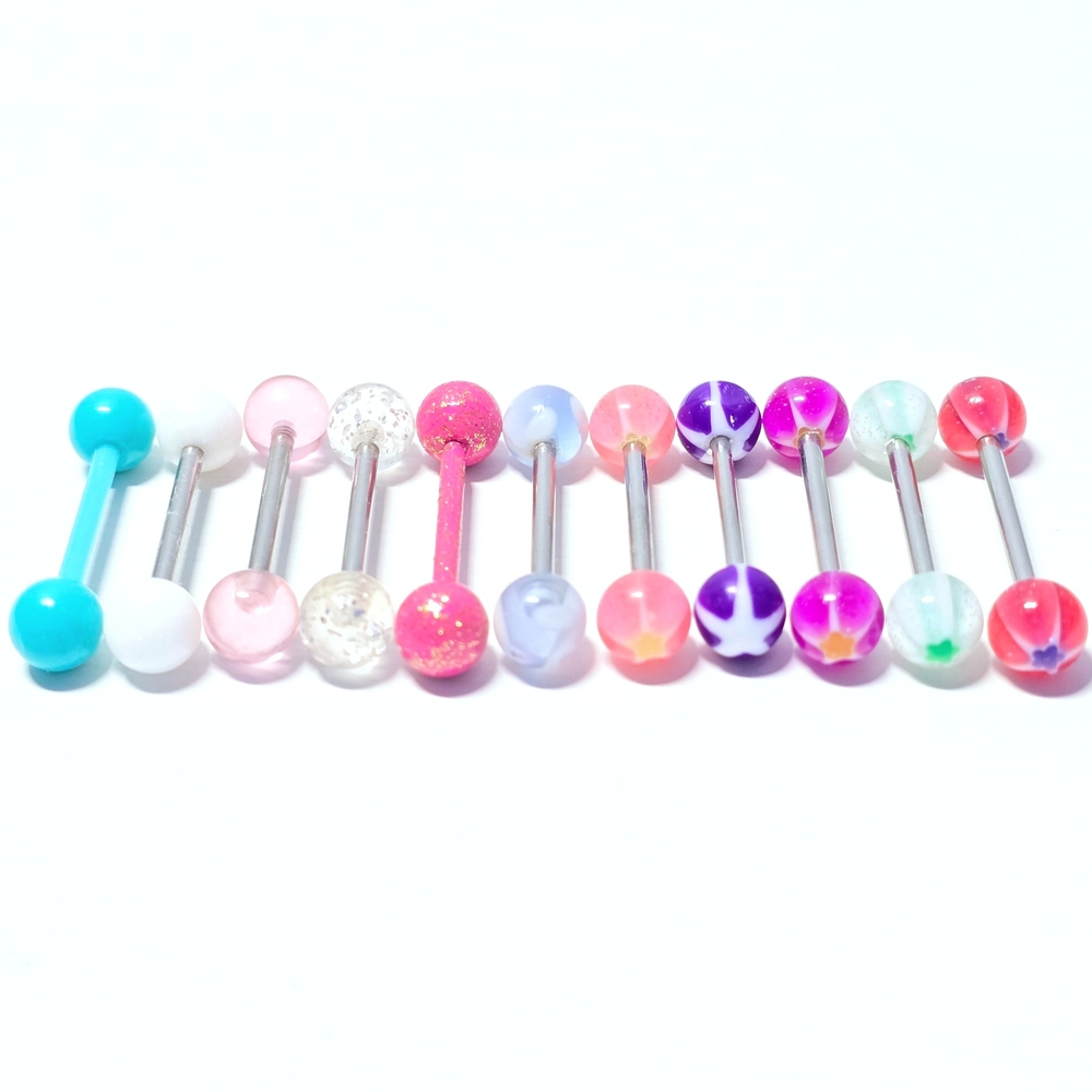 Barbell Bundle Tongue Ring Body Jewelry 14g Surgical Steel Acrylic